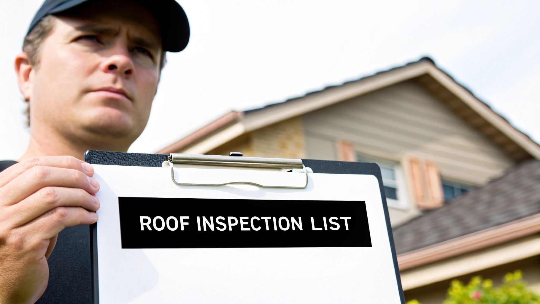 A detailed close-up of a damaged shingle roof, showing curling edges, granule loss, and small cracks, highlighting the need for inspection.