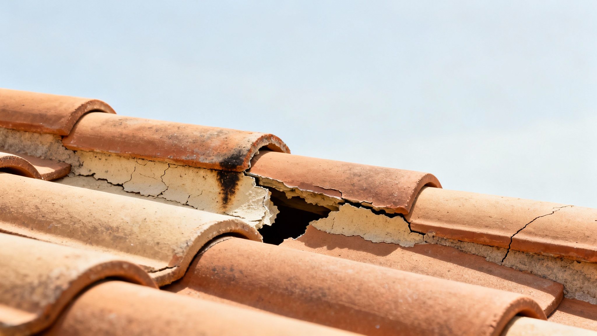 Damaged terracotta roof tiles showing cracks and missing pieces exposing underlayment