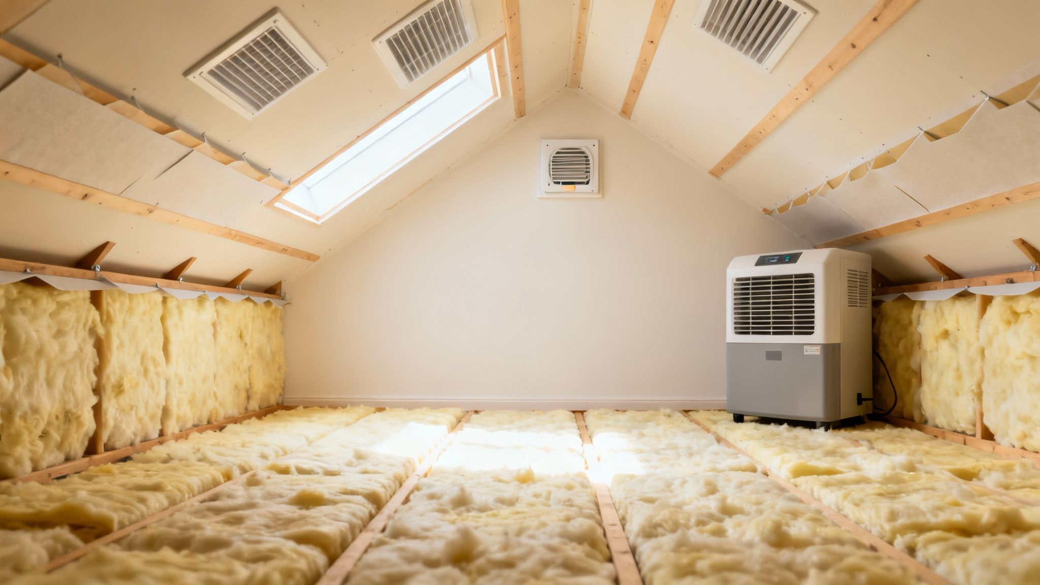 Insulated attic space with exposed fiberglass batts, skylights, ventilation vents, and portable air conditioner unit
