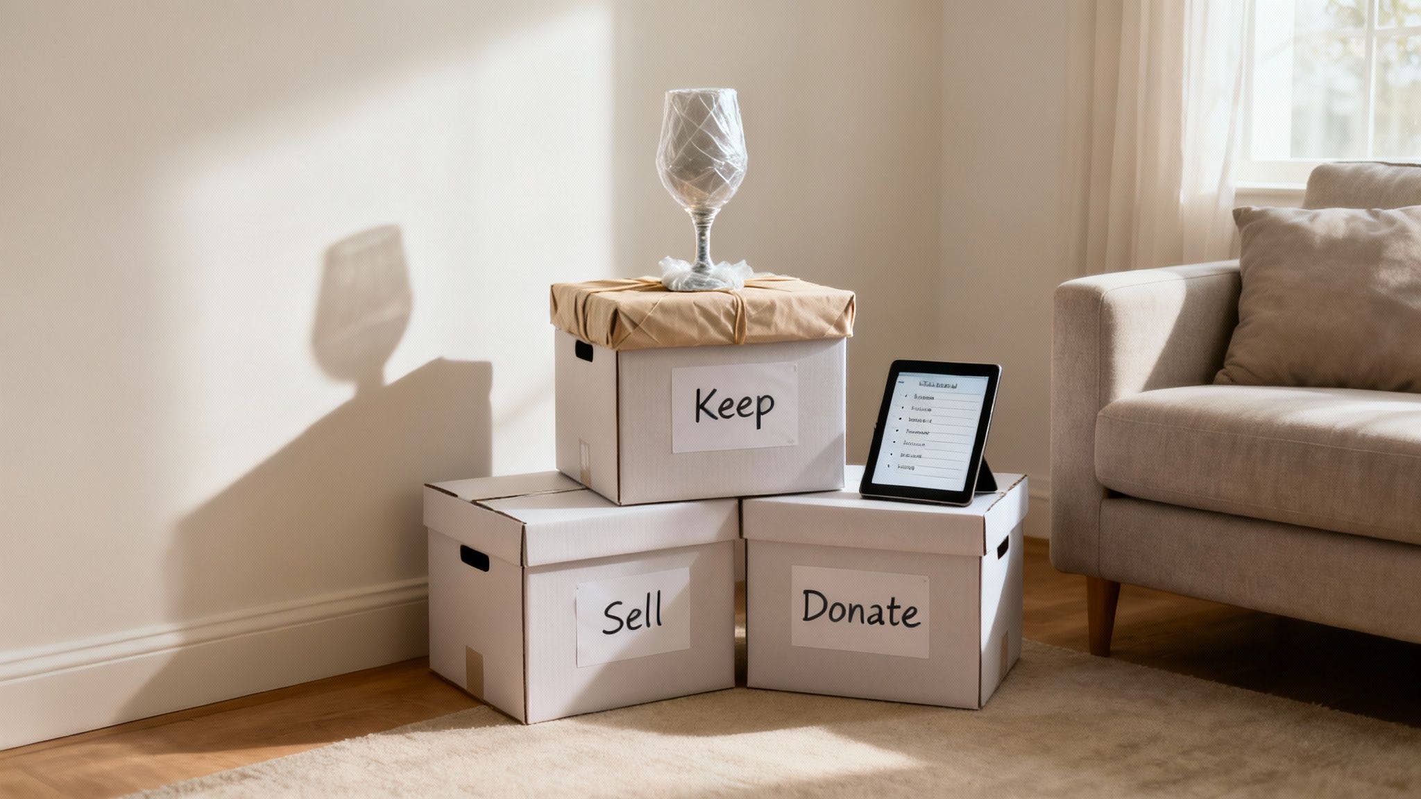 A minimalist living room with neatly organized boxes labeled 'keep,' 'donate,' and 'sell,' showing the process of downsizing.