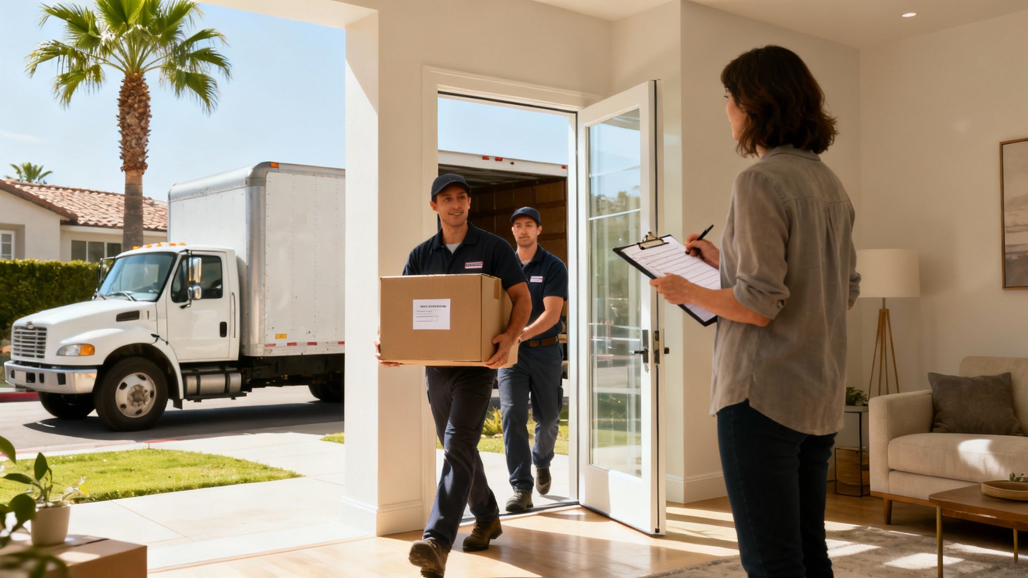A happy family unpacking boxes in their new Southern California living room.
