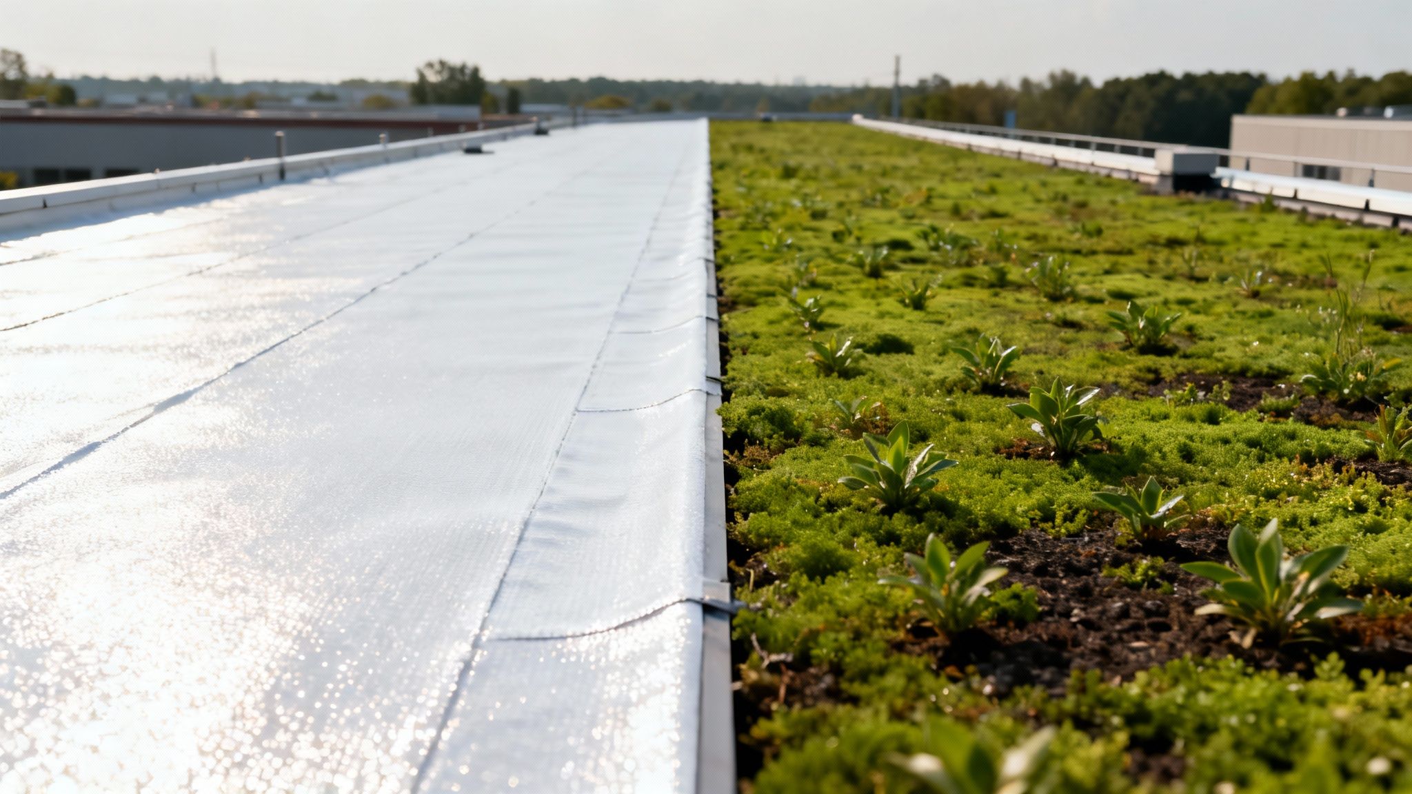 A modern low slope roof featuring green vegetation and reflective white surfaces.