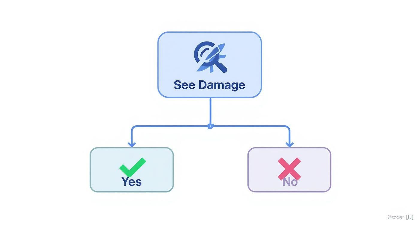 Decision flowchart showing hail damage assessment with yes and no options for roof inspection