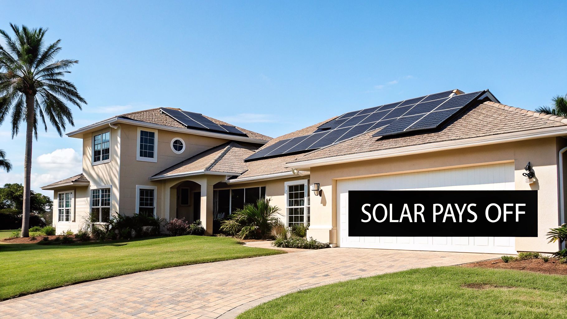 A modern Florida home with a newly installed solar panel system on the roof under a sunny sky.