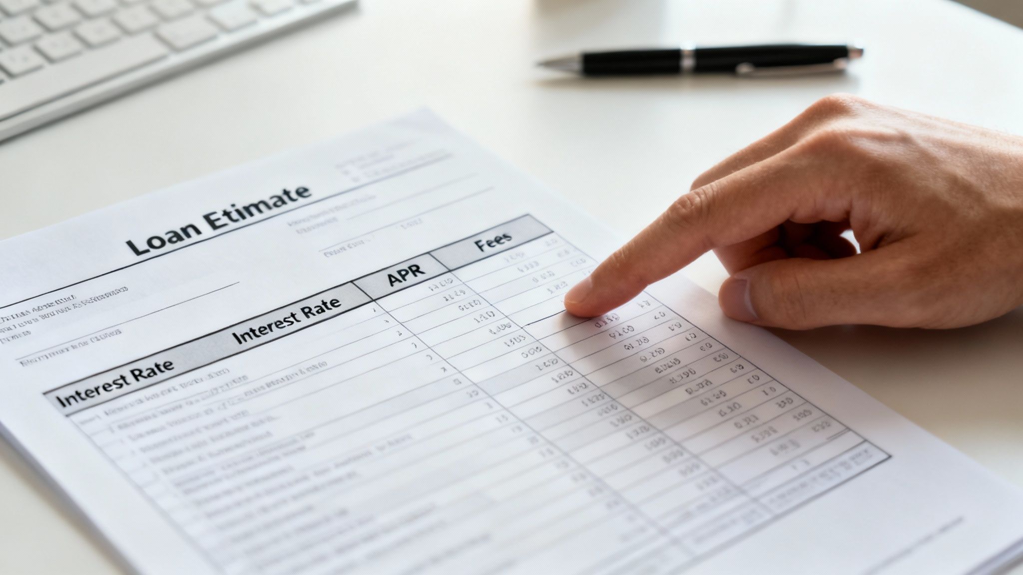 A close-up of a Loan Estimate document highlighting the interest rate and APR sections.