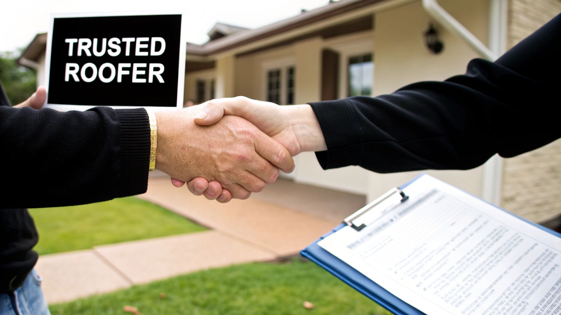 A friendly roofer discussing plans with a homeowner outside their house.