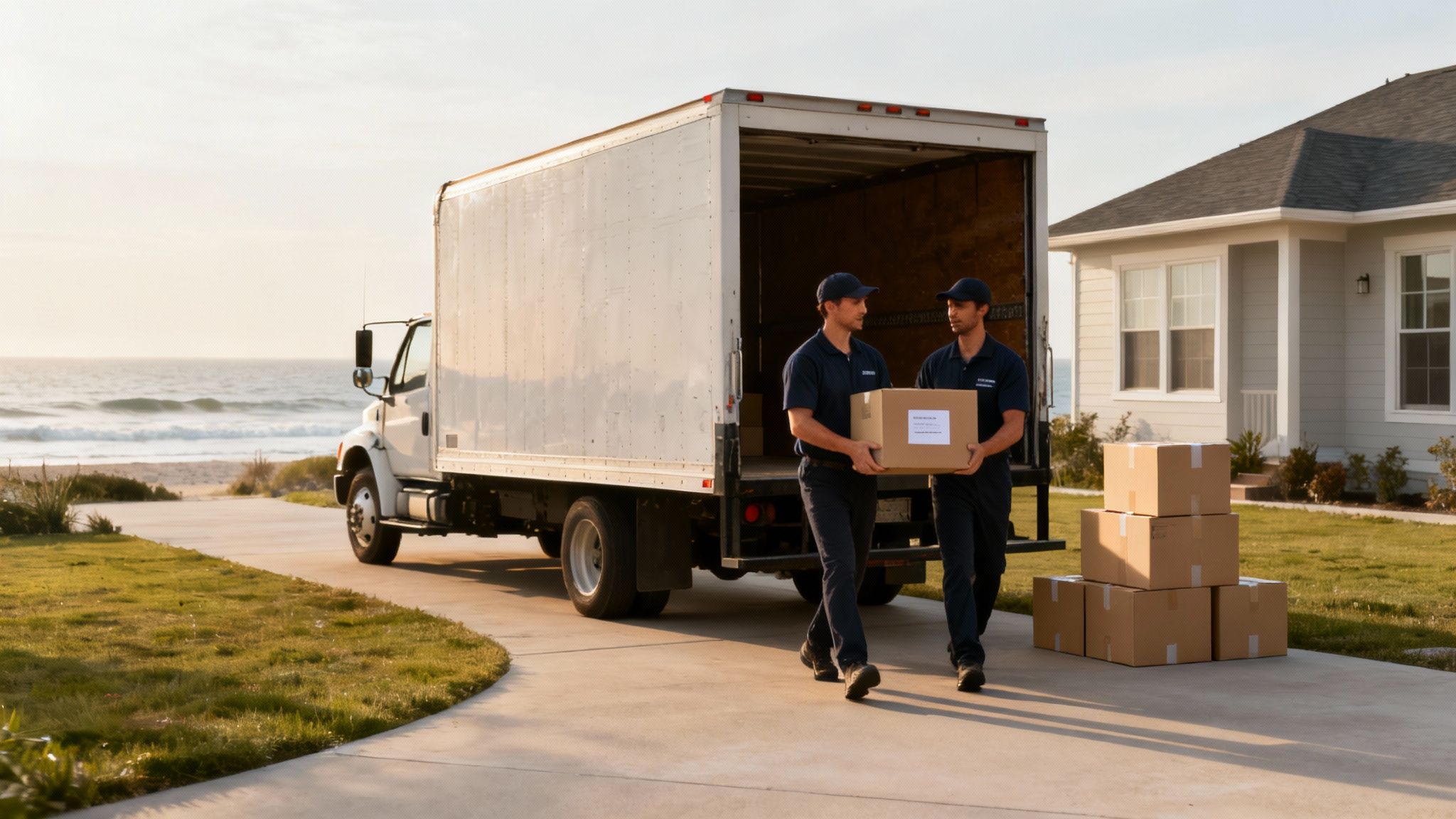 A moving truck on a highway heading towards a sunny destination, symbolizing a long-distance move.