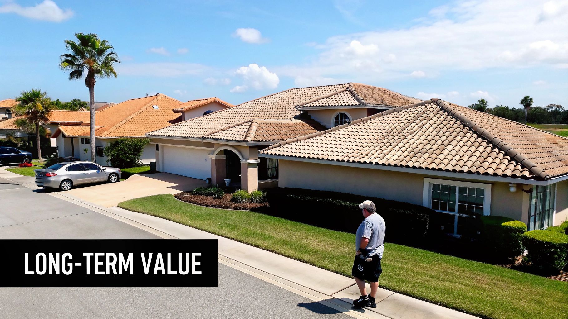 Suburban street scene with homes featuring terracotta tile roofs, palm trees, and a man on the sidewalk.