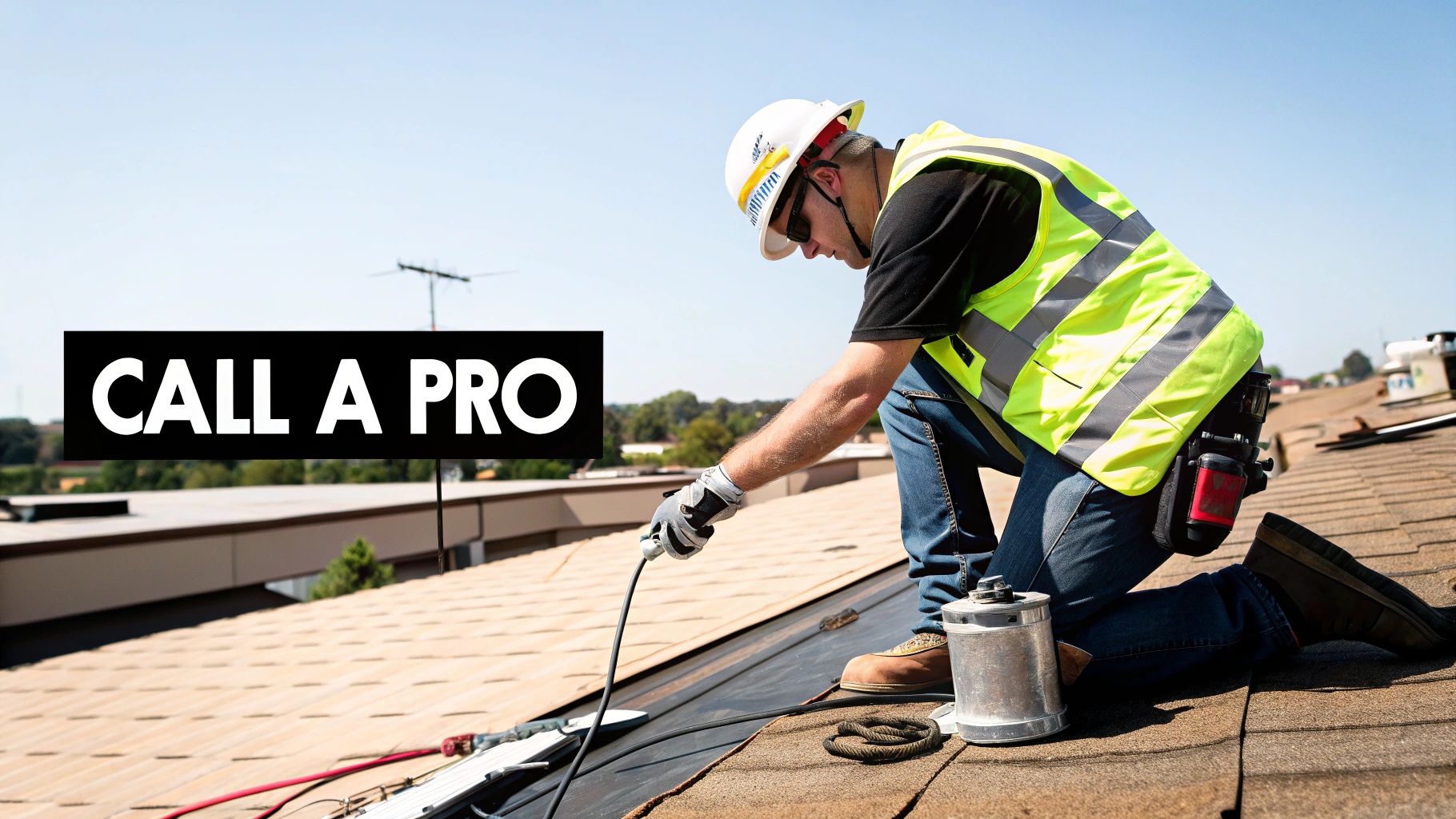 Professional roofer from Hi Low Roofing performing a detailed inspection on a commercial flat roof in Winter Haven.