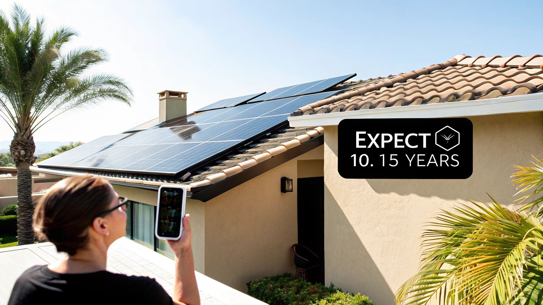 A modern home with solar panels and a visible battery storage unit.