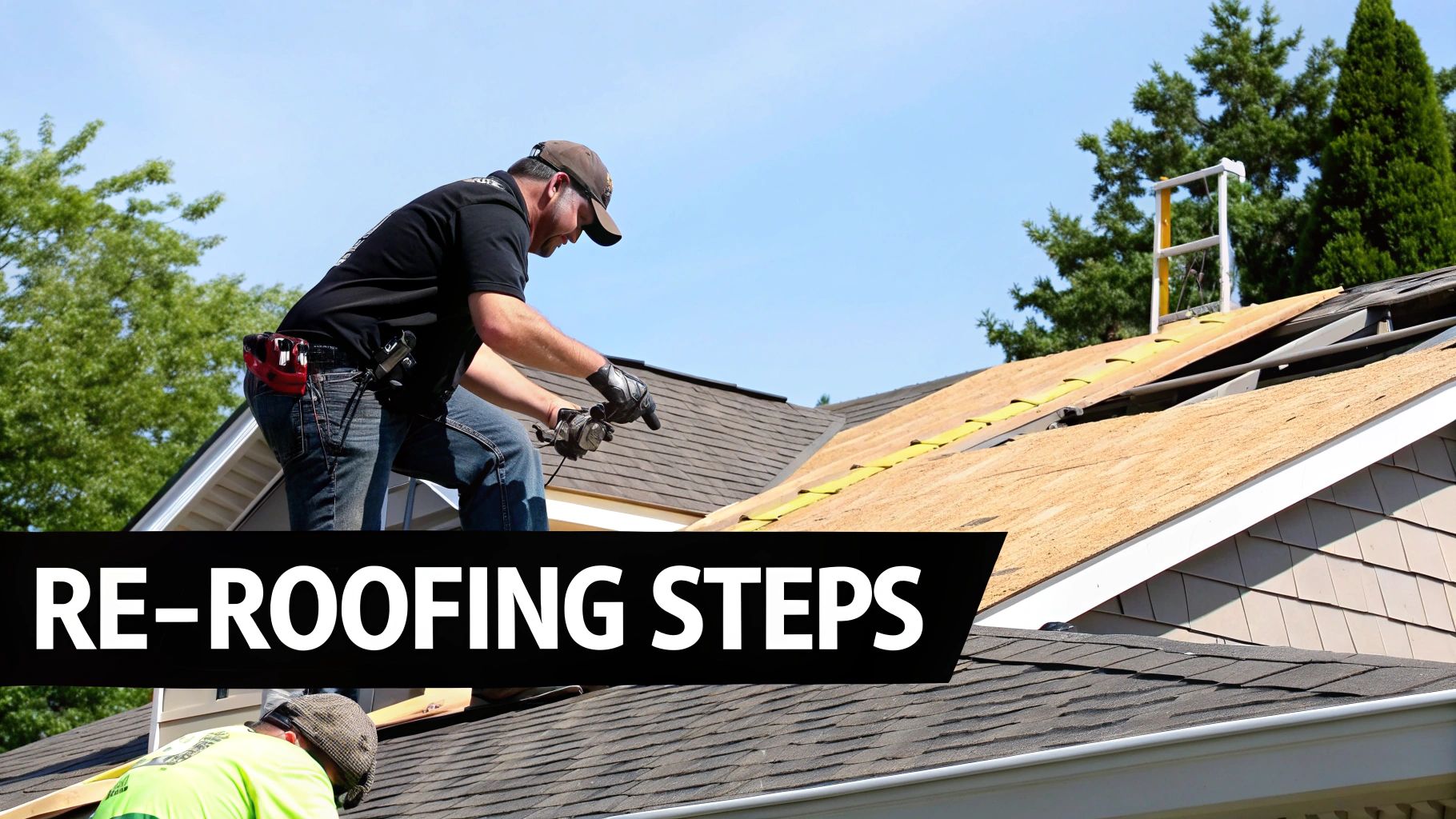 Professional roofer installing new shingles on residential home roof during re-roofing project