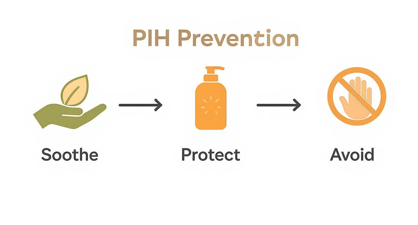 Infographic detailing the process of PIH prevention with icons for soothing, protecting, and avoiding irritation.