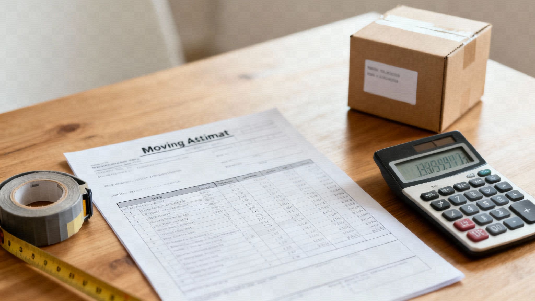A person using a calculator with moving boxes in the background, symbolizing budgeting for a move.
