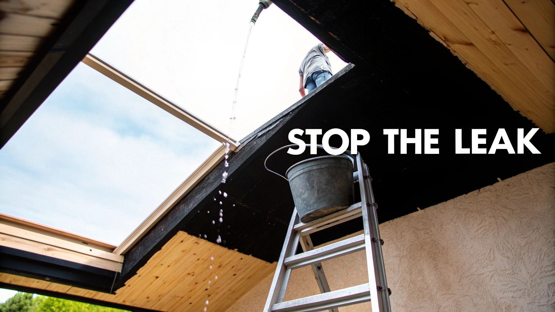 A view of a damaged roof with a visible hole, showcasing the need for immediate repair.