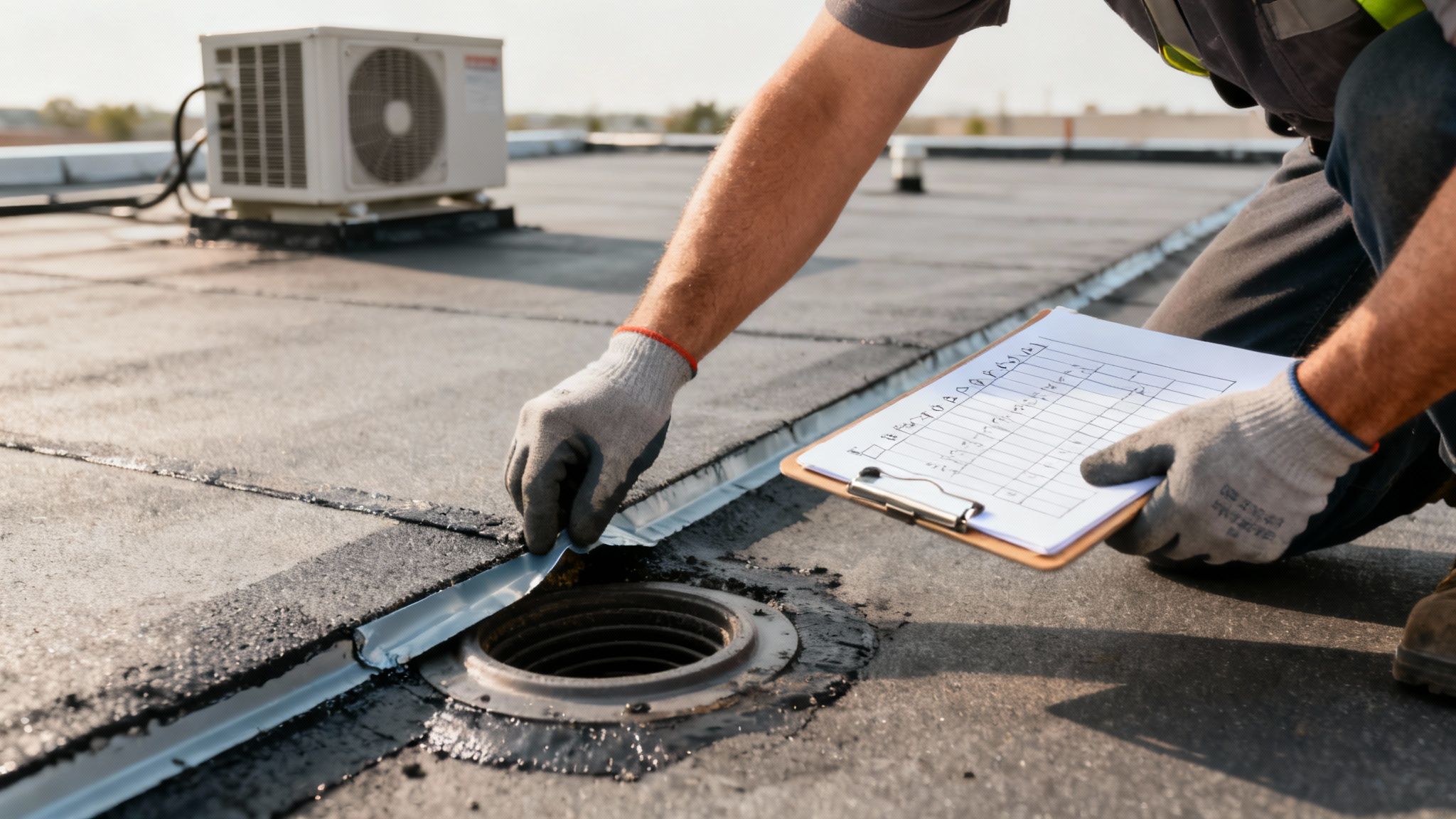 Close-up of a well-maintained modified bitumen roof, showing clean surfaces and secure flashings.