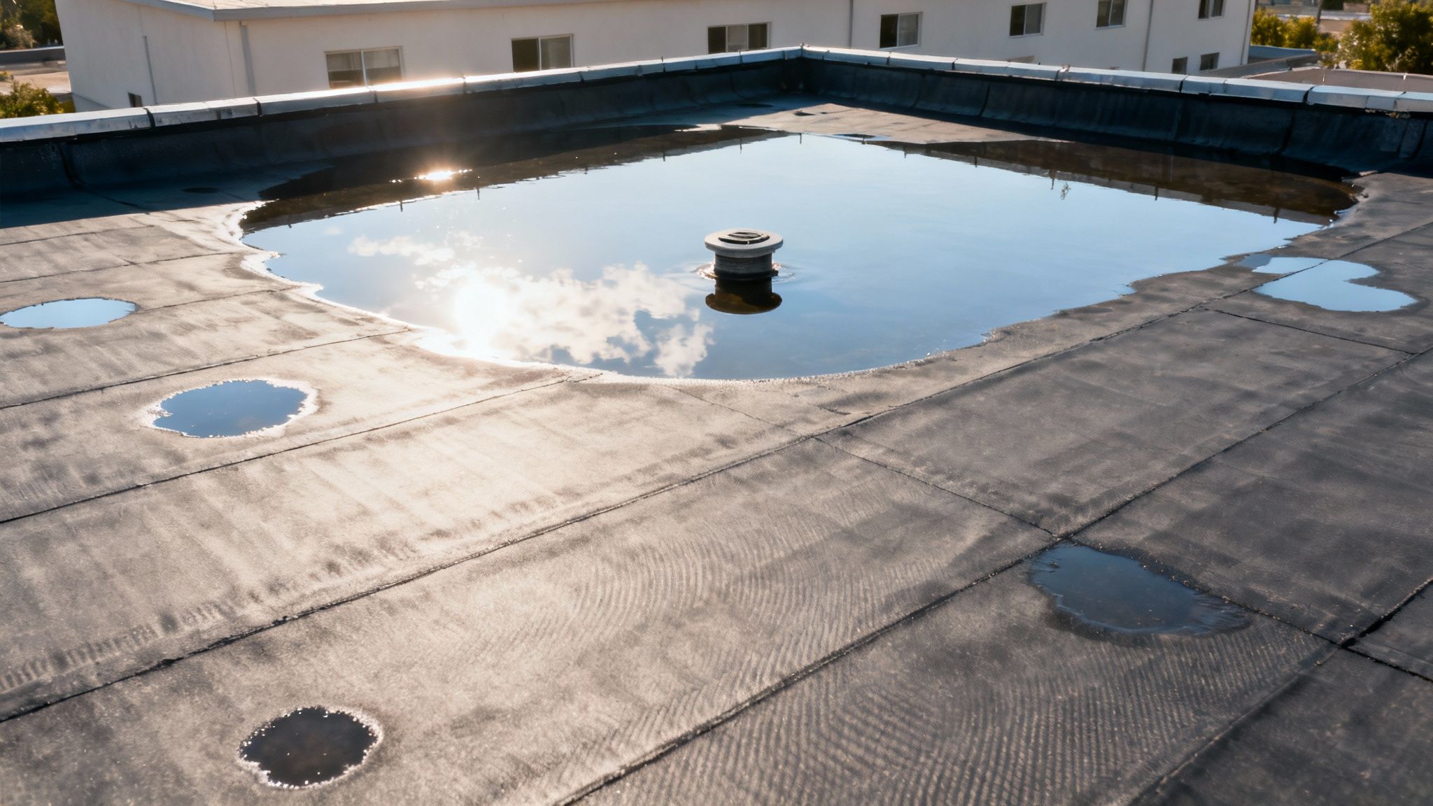 A modern residential building with a large flat roof under a clear sky