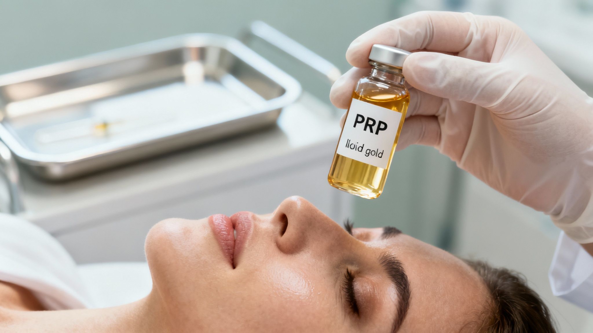 Close-up of a PRP facial procedure on a woman's cheek