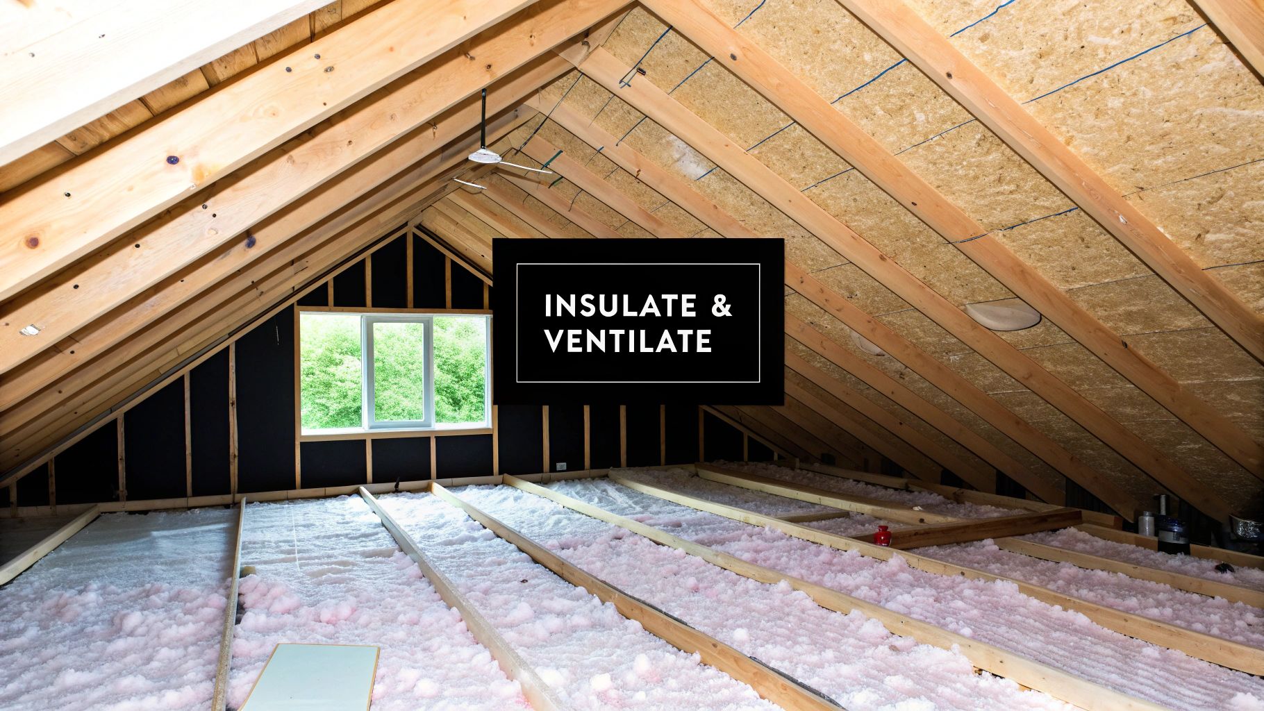 Attic space with pink insulation, exposed wooden rafters, and a window, featuring 'Insulate & Ventilate' text.