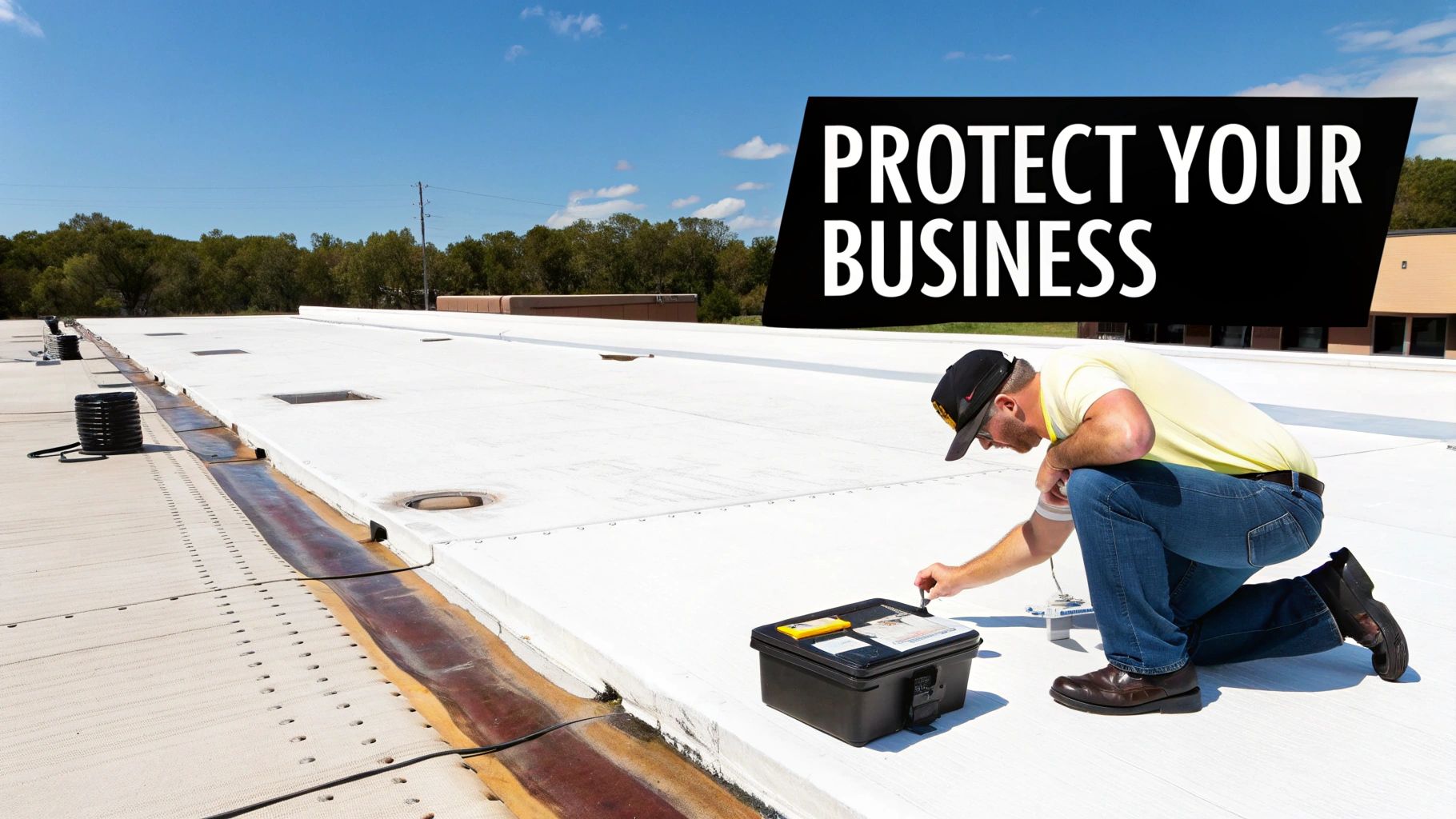 Commercial building with a flat roof being inspected by a professional roofer.
