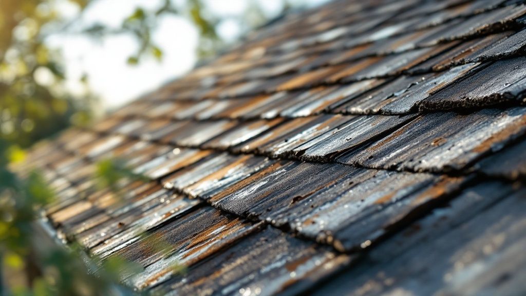 A team of professional roofers working on a residential roof replacement in Florida, showcasing different materials like shingles and tiles under the sun.