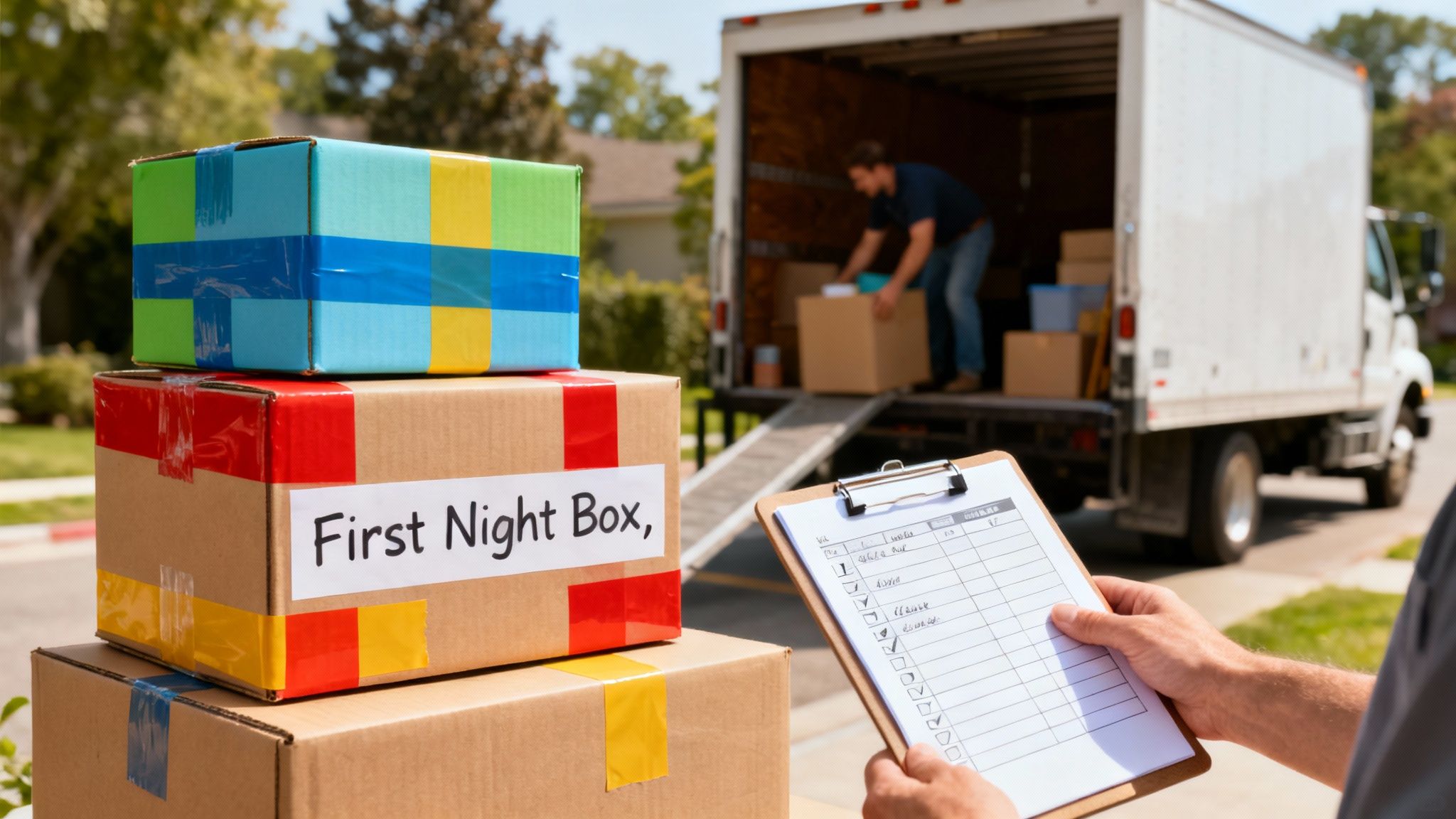 A person using color-coded stickers on moving boxes