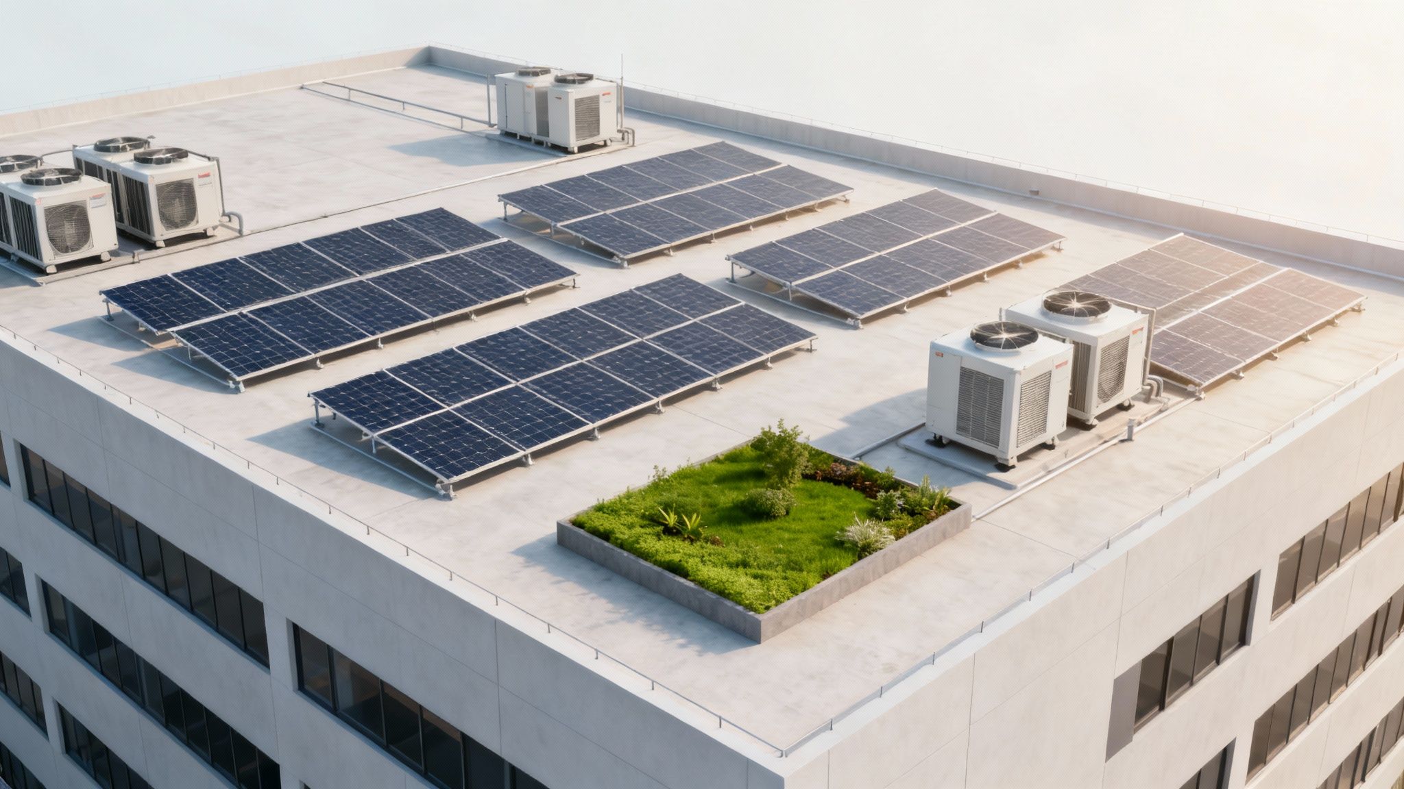 A modern flat roof on a commercial building with HVAC units and clear skies