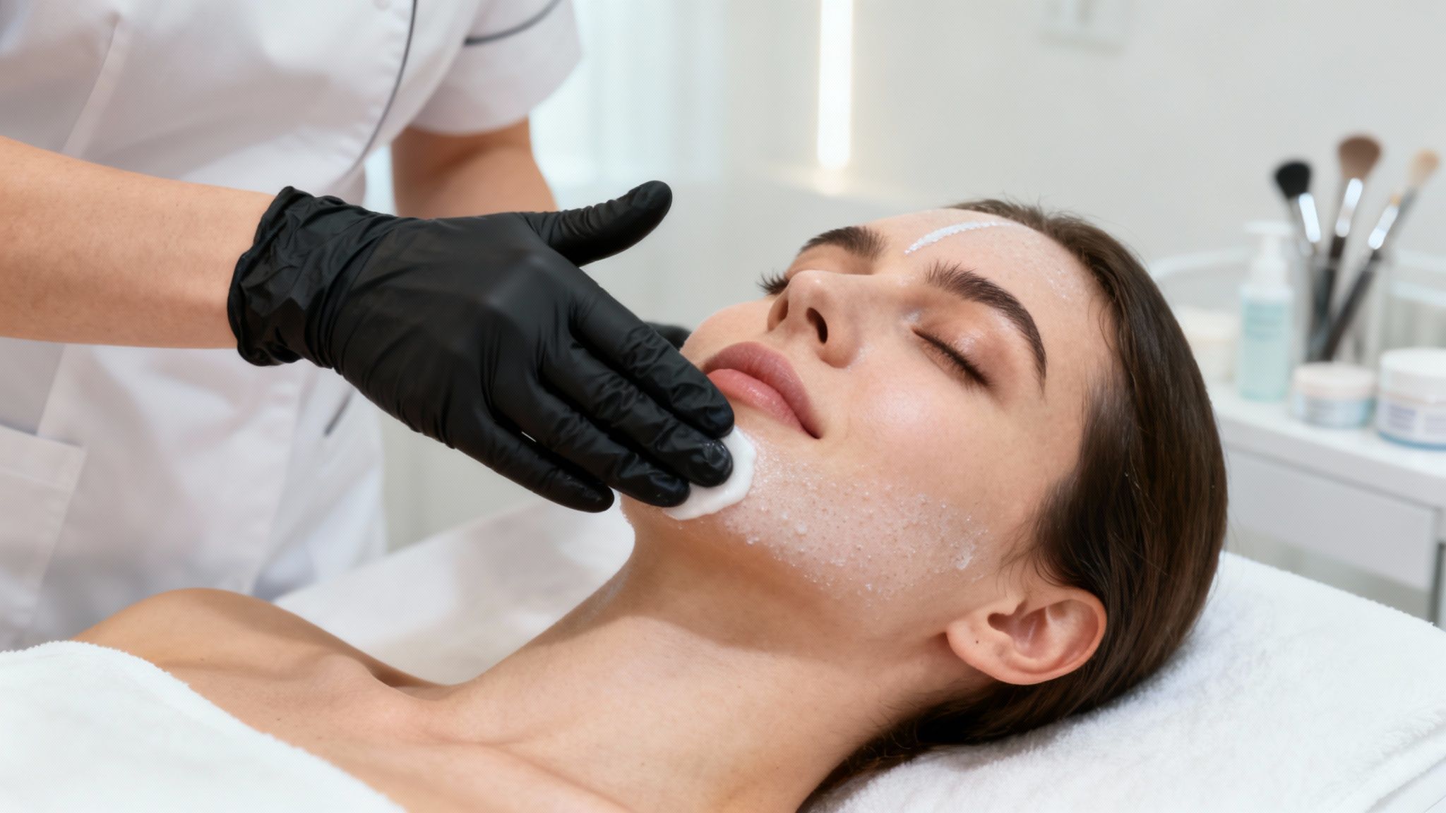 A serene clinic room with a comfortable treatment bed, neatly arranged skincare products, and soft lighting, ready for a facial.