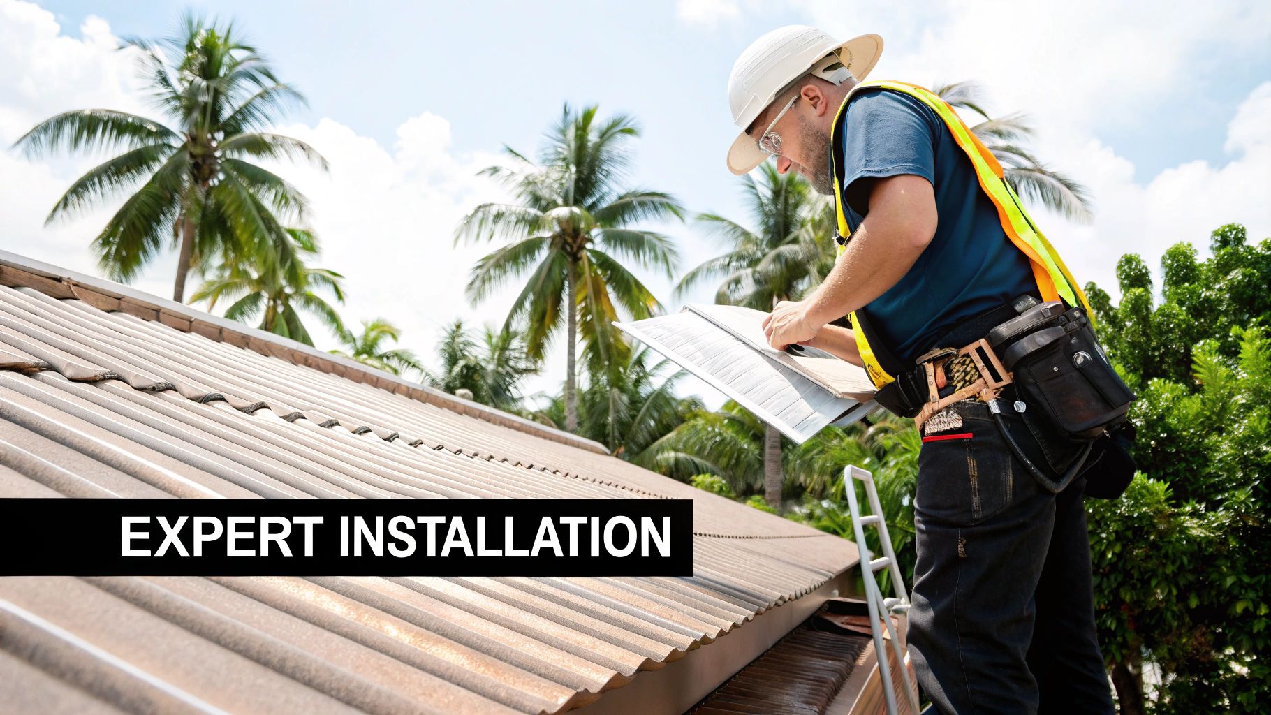 A professional roofer carefully installing a standing seam metal panel on a residential home.