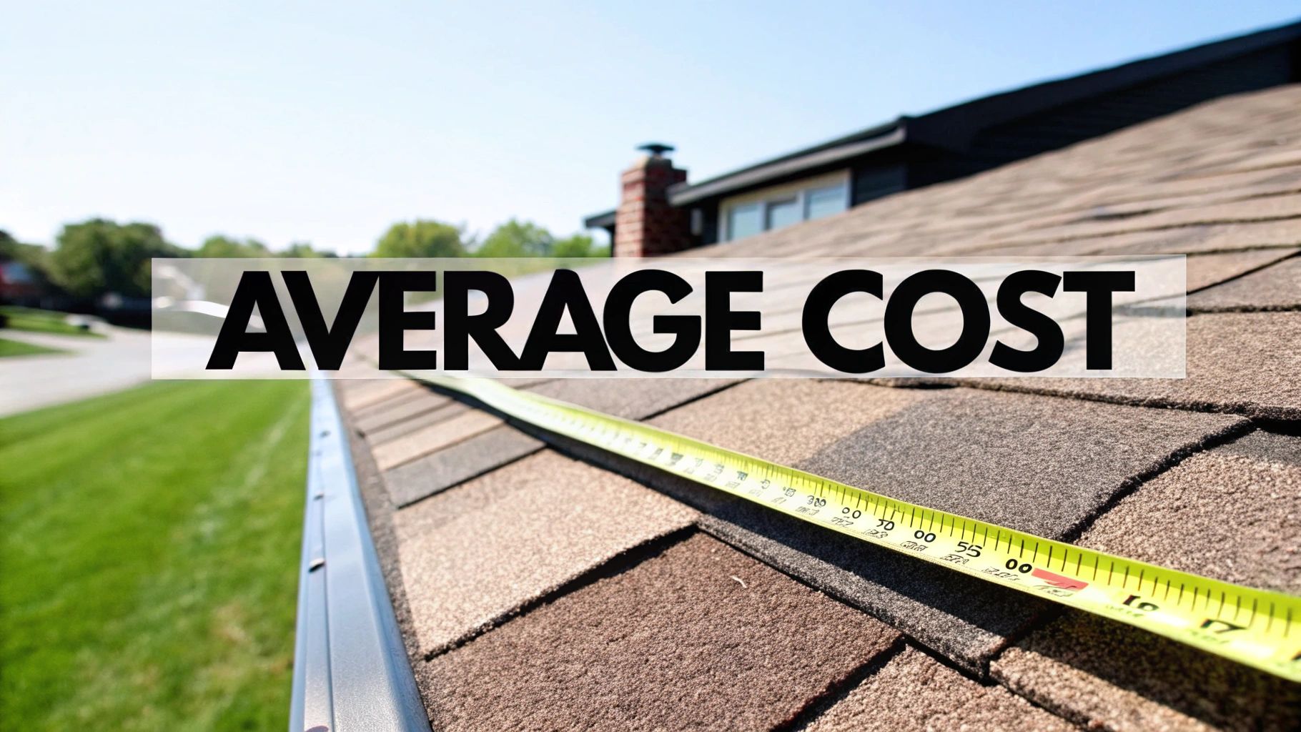 Measuring tape on asphalt shingle roof with average cost text overlay for replacement estimation
