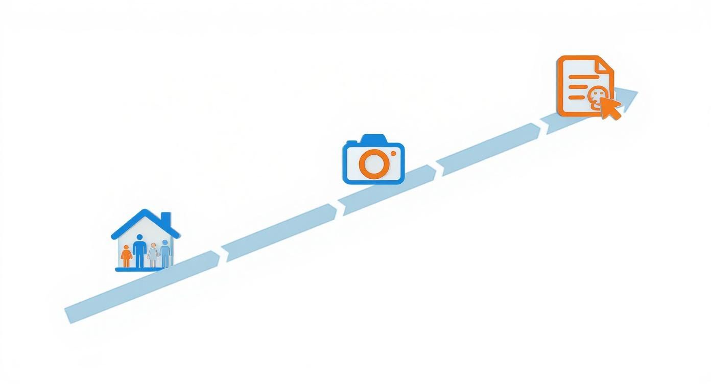 A visual timeline shows a house with a family, a camera, and a document with a user profile being processed.