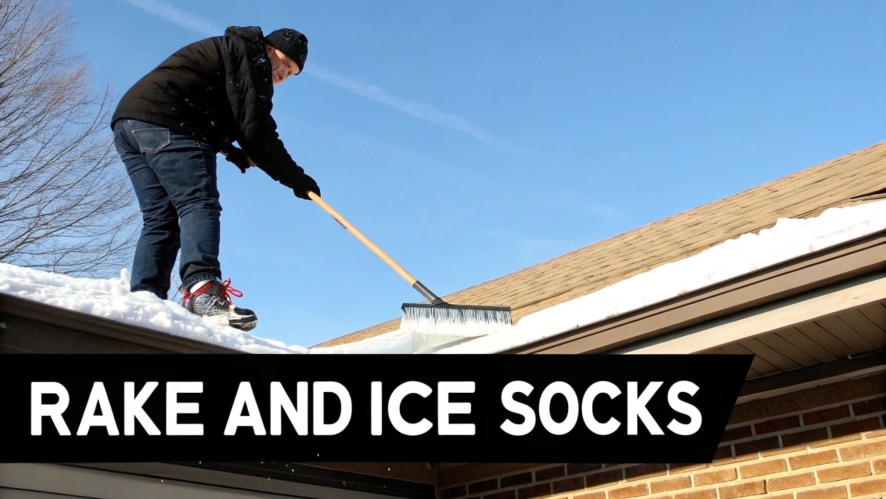 Person using a roof rake to clear snow from the edge of a roof.