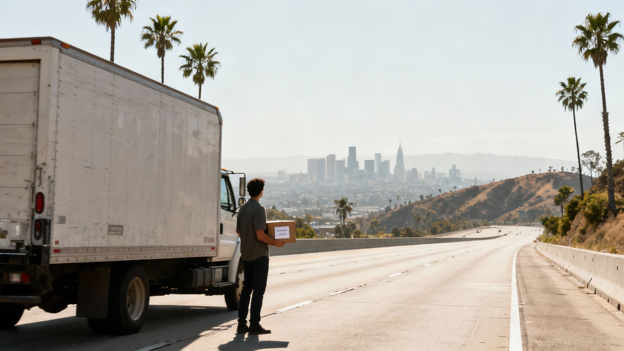 A scenic highway leading towards the mountains under a bright sun, symbolizing a long-distance move.