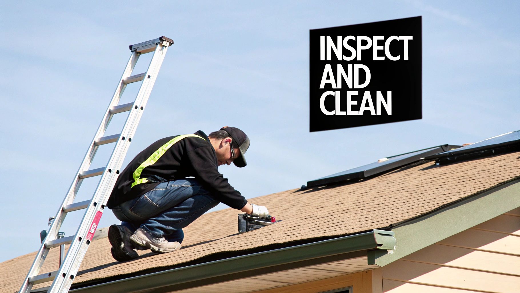 A person inspecting a flat roof for damage before starting repairs