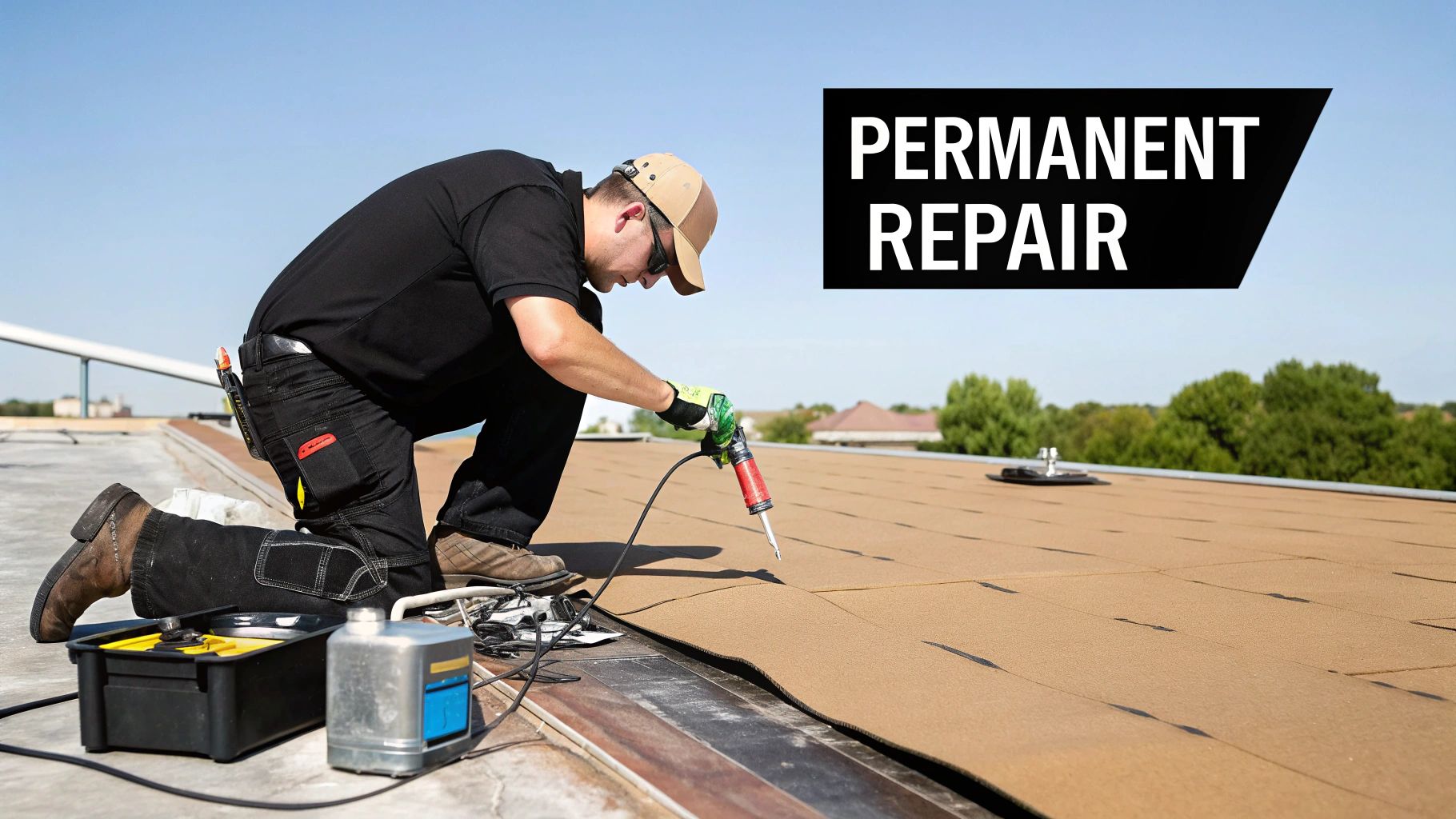 Professional roofer applying sealant for permanent flat roof repair on commercial building