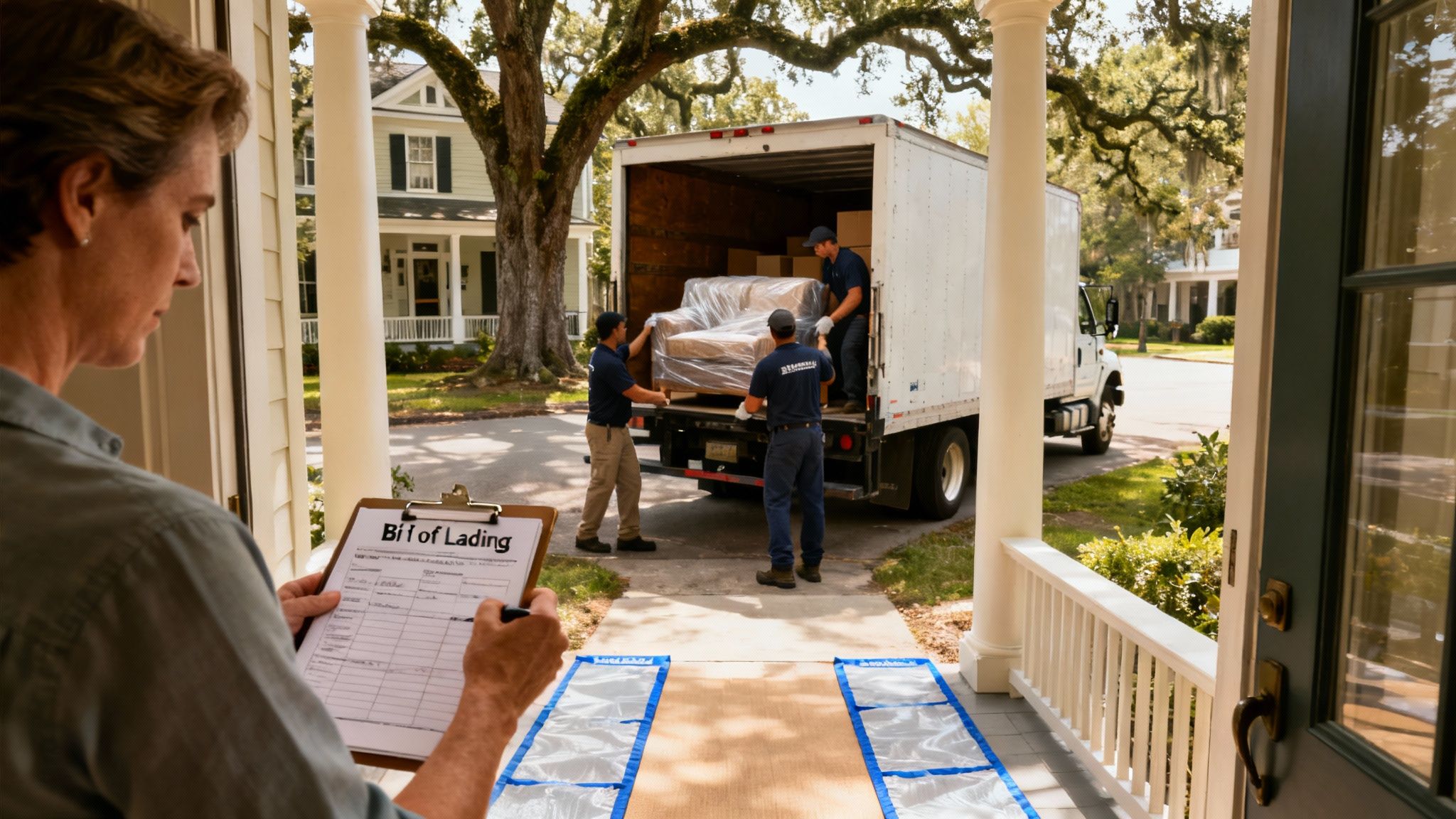 Professional movers loading wrapped furniture onto truck while homeowner reviews bill of lading checklist
