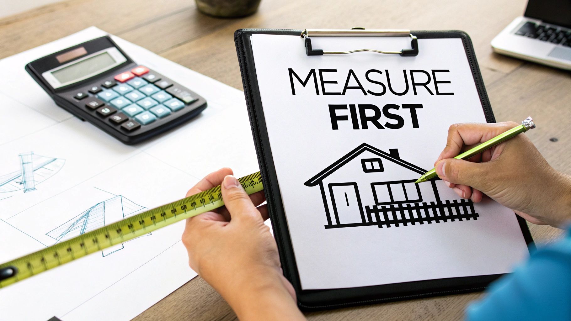 A close-up of a tape measure extended over a piece of vinyl siding, with a person's hands holding it in place.