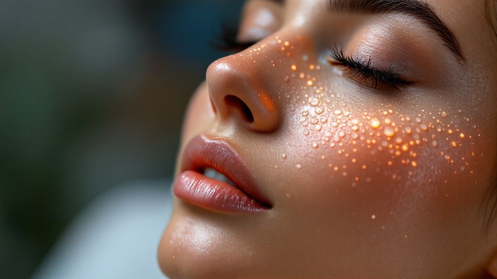 Close-up of a skincare professional applying a serum to a client's face with a dropper.