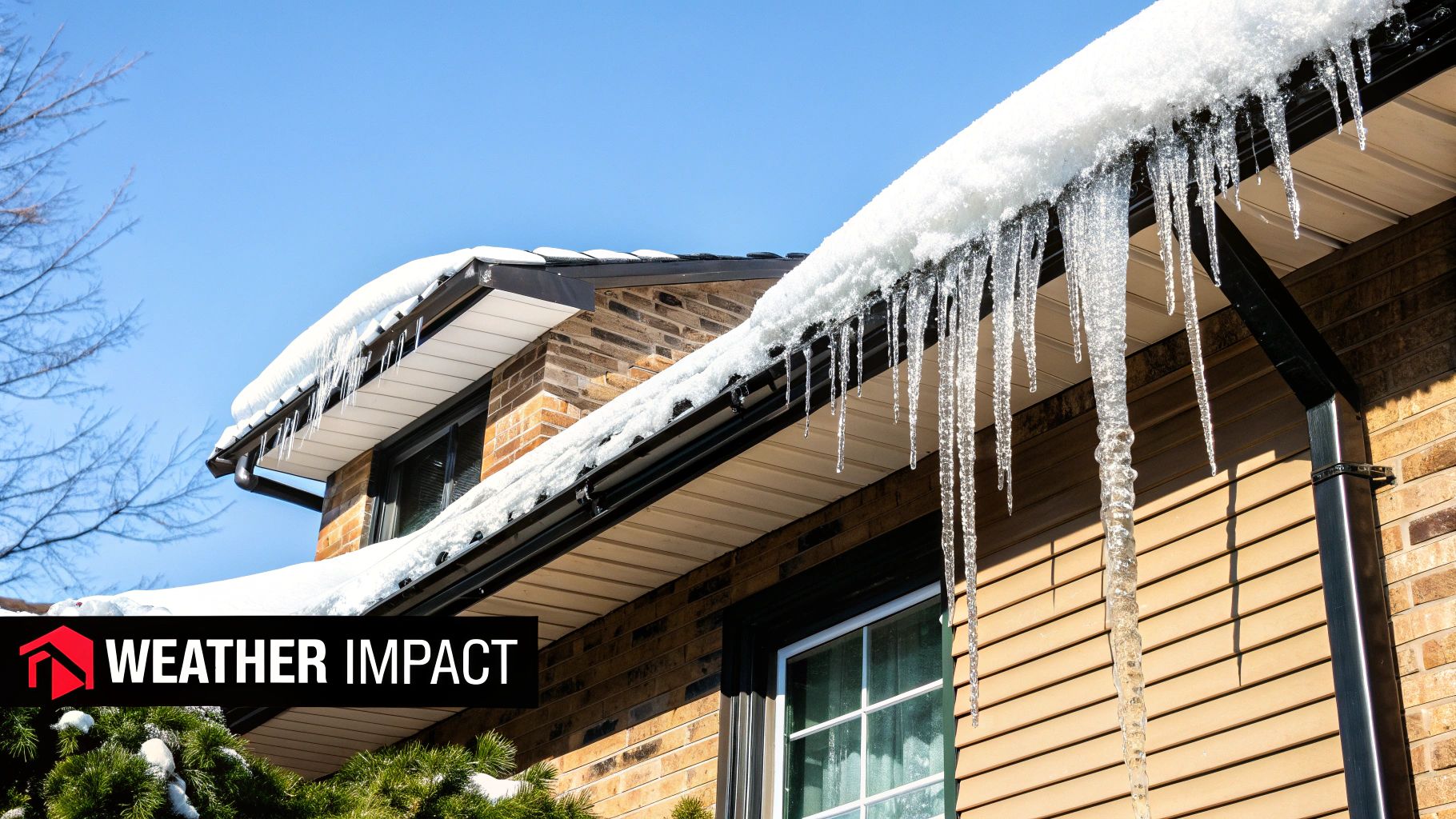 A residential roof covered in heavy snow, with icicles hanging from the gutters, illustrating winter weather effects.