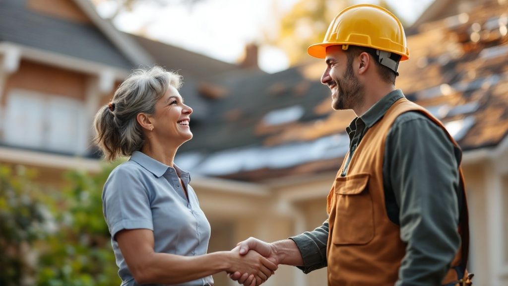 A detailed roofing estimate document being reviewed with various material samples like shingles and flashing.