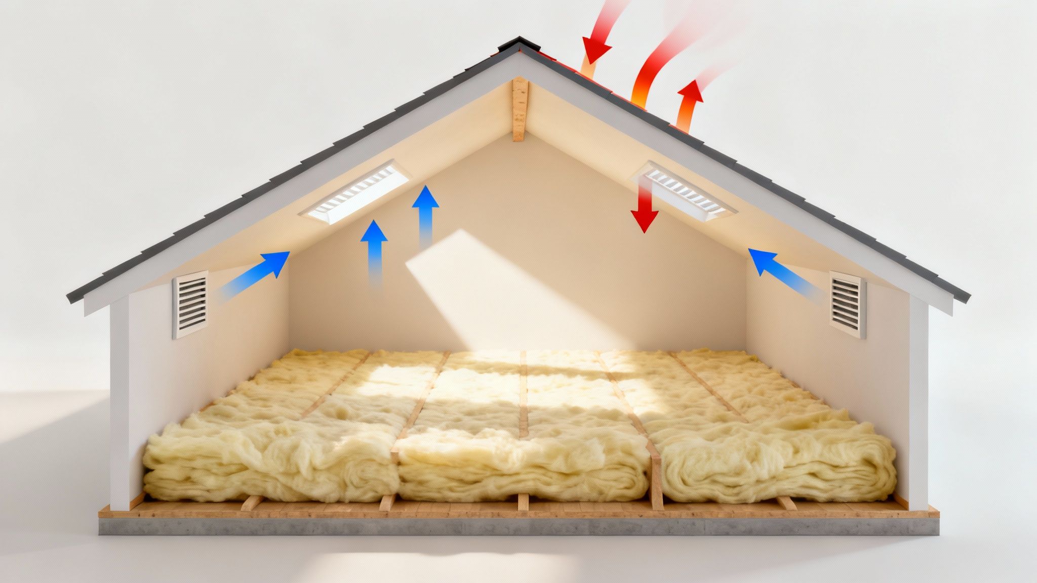 Woman inspecting attic insulation with a flashlight