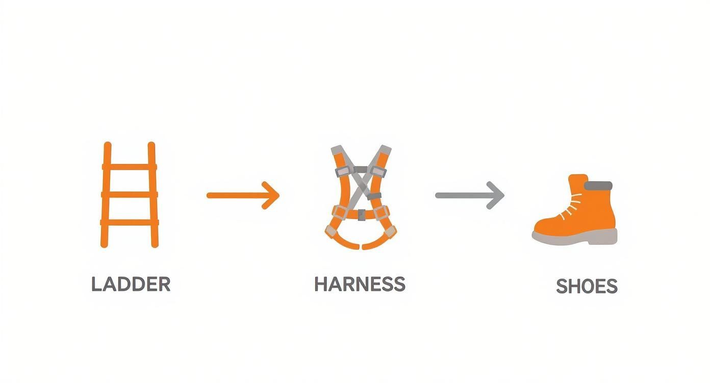 Safety equipment progression diagram showing ladder, fall protection harness, and work boots for roof maintenance