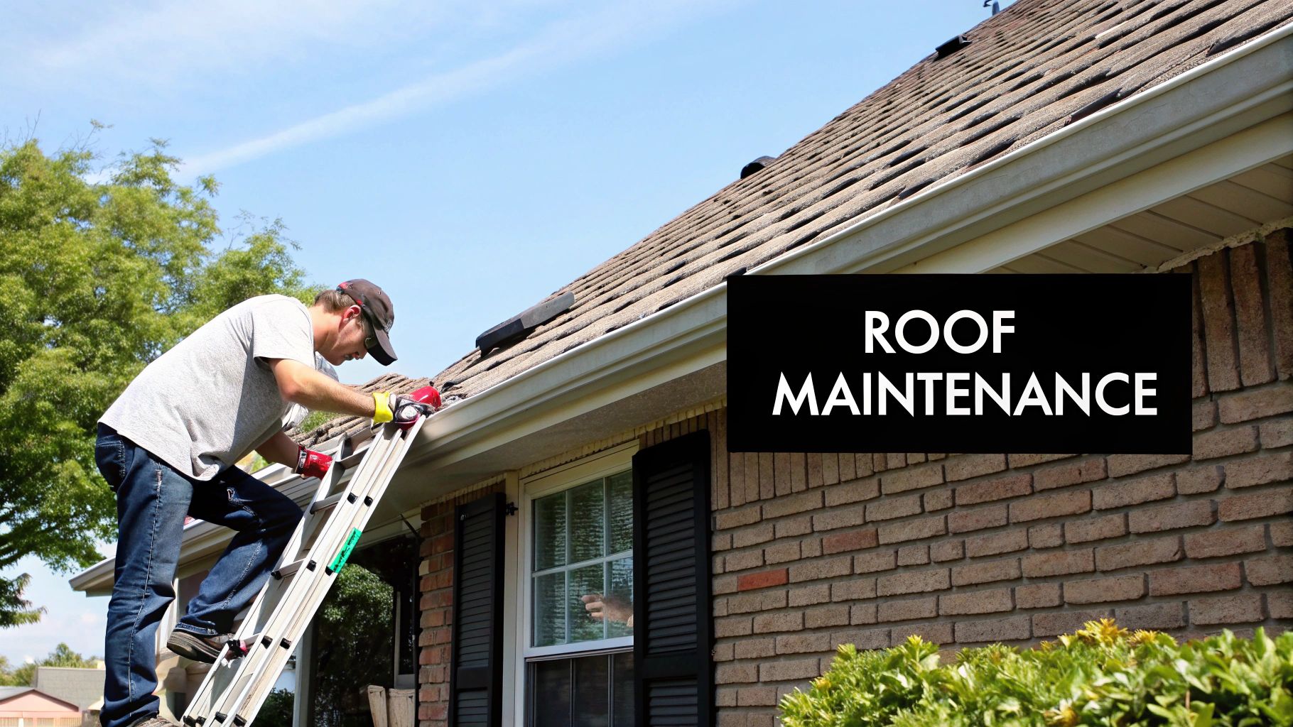 A homeowner inspecting their shingle roof from a ladder