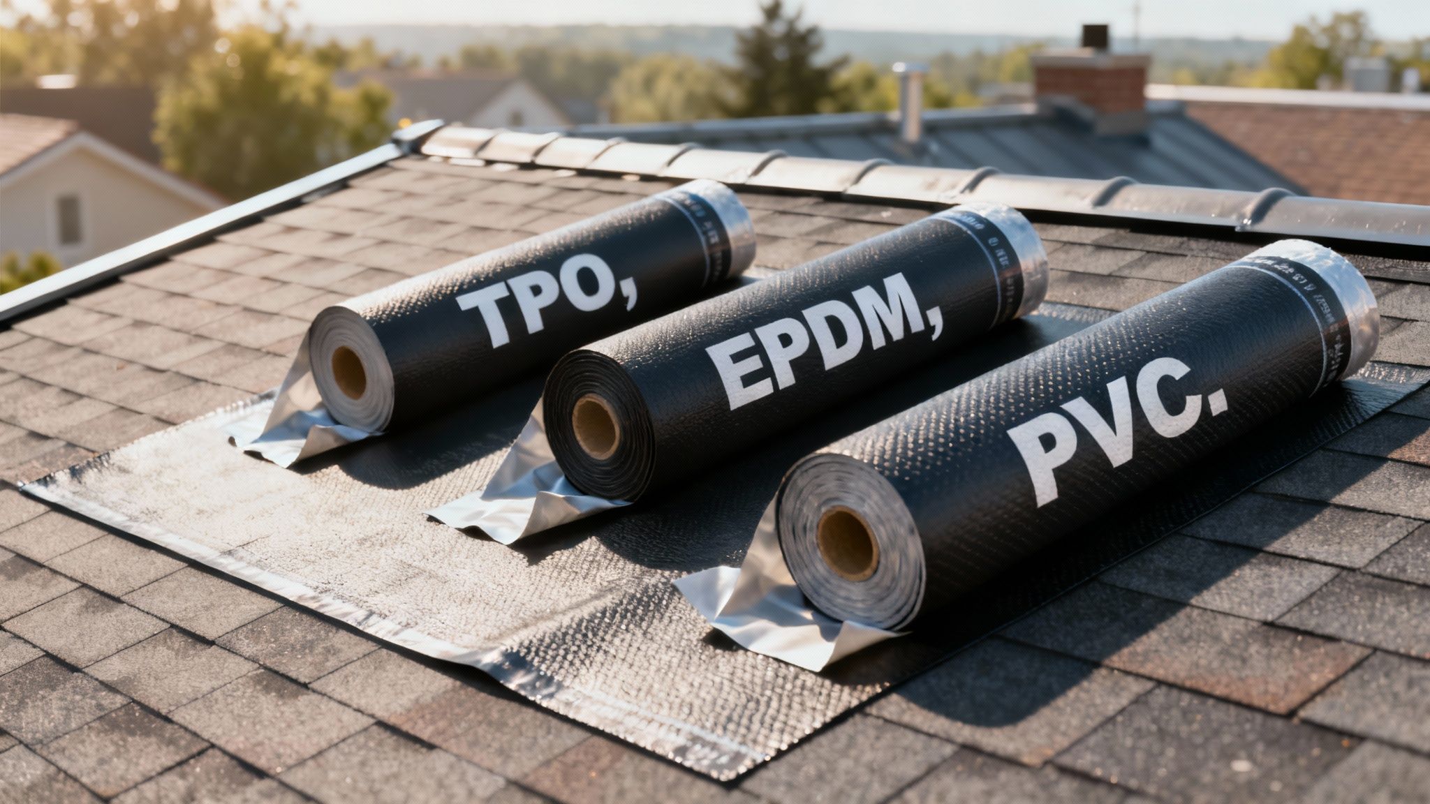 A roofer installing a white single-ply membrane on a commercial low slope roof