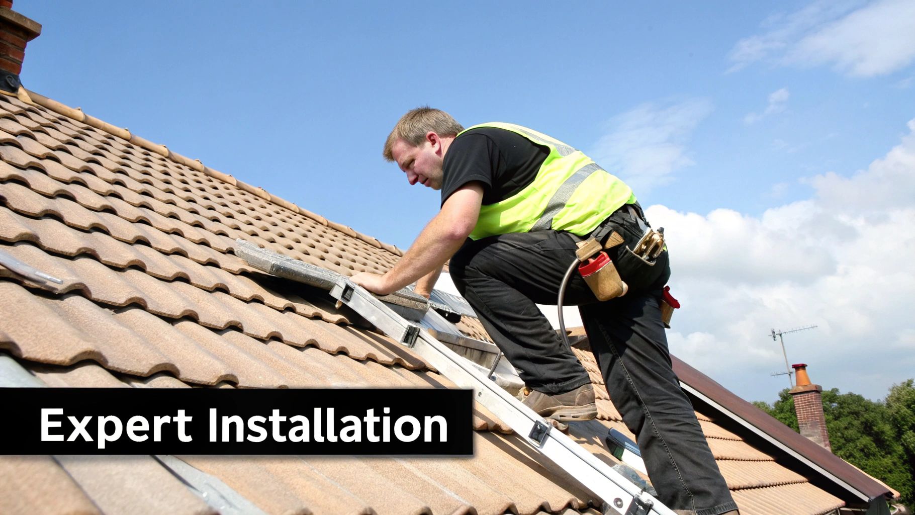 A skilled roofer in a high-visibility vest works on a tile roof with a ladder, performing expert installation.
