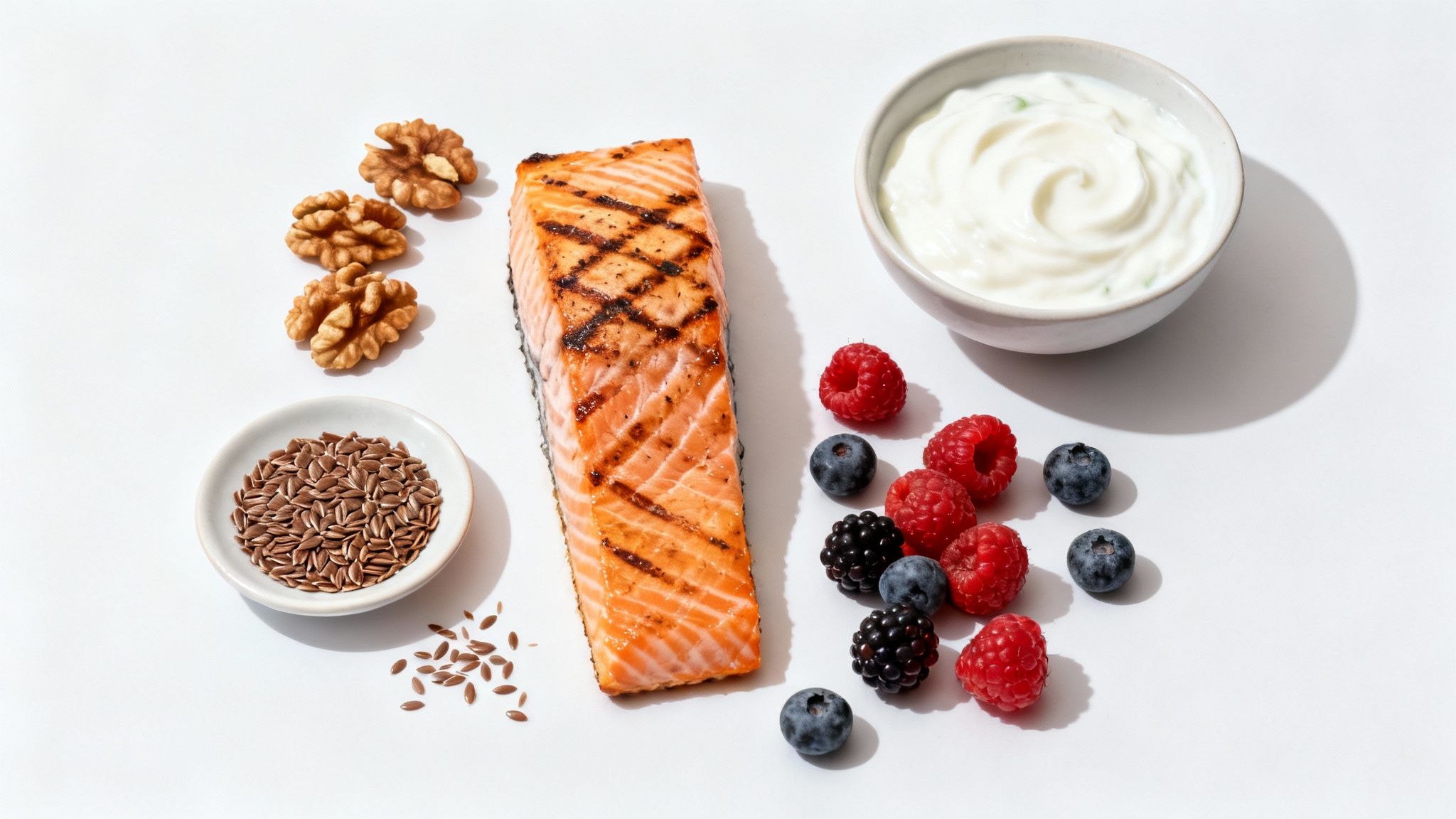 Healthy foods like fruits, vegetables, and fish arranged on a table.