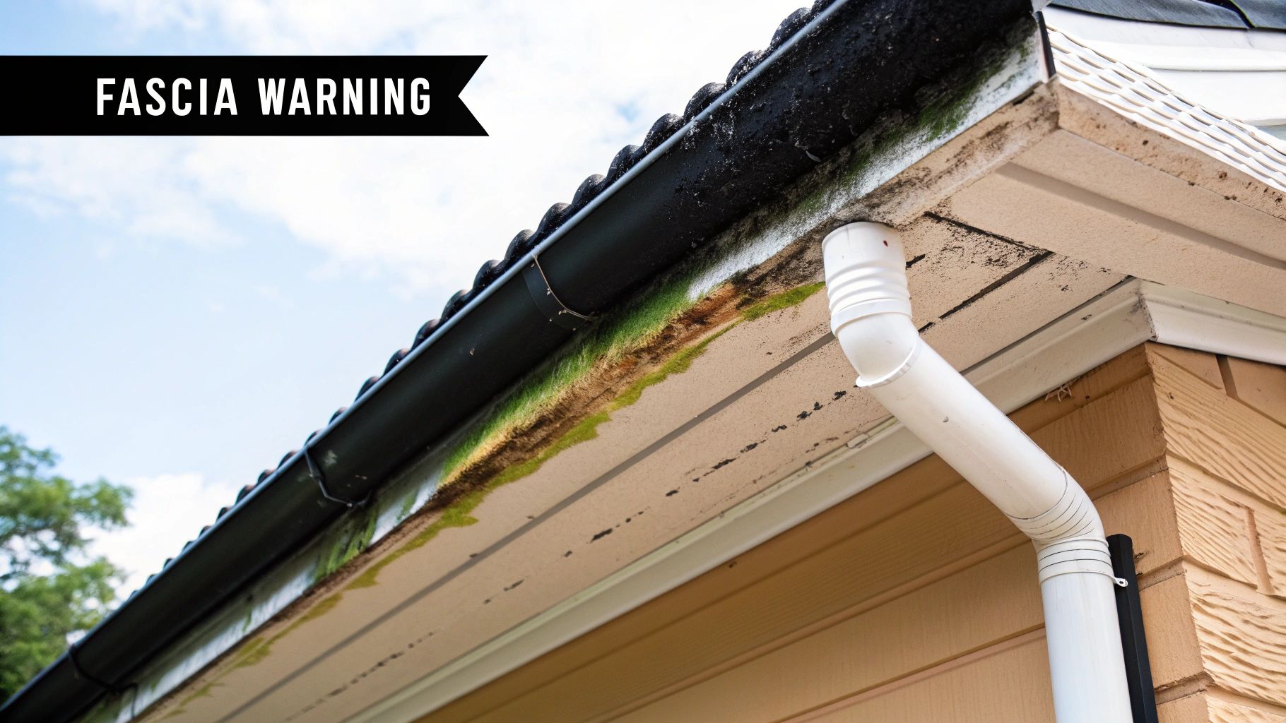 A house roofline with a black gutter, white fascia board, and downspout showing severe mold and dirt buildup.