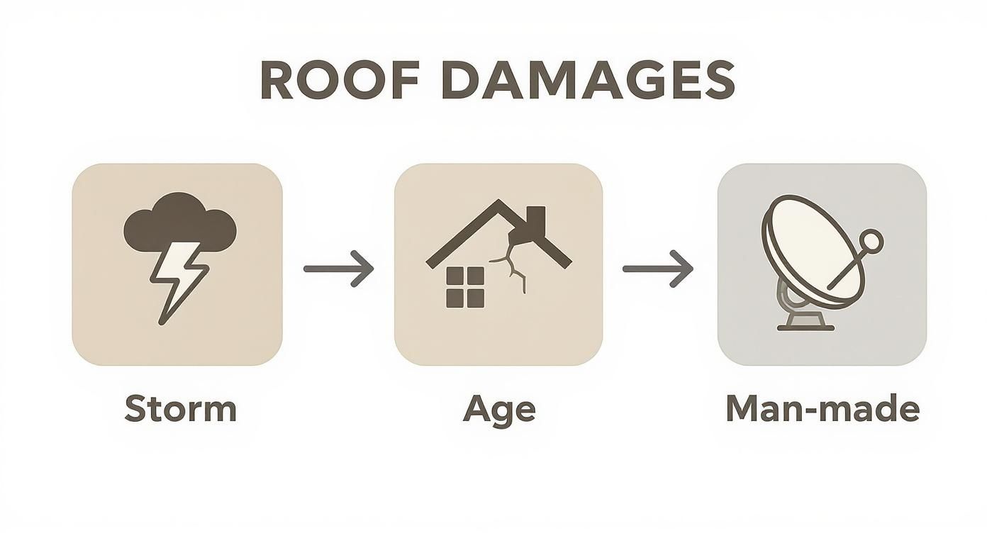 Infographic showing three main types of roof damages: storm, age, and man-made causes