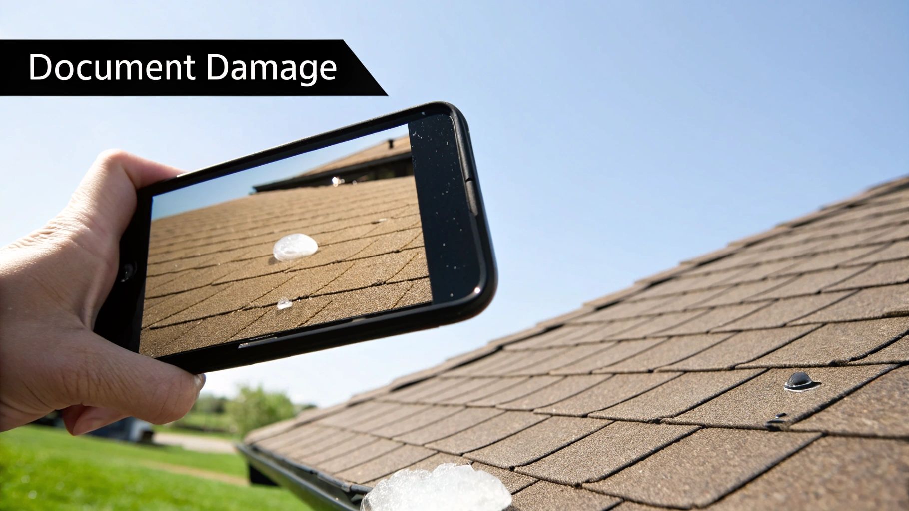 A roof with visible storm damage in a Winter Haven neighborhood, showing missing shingles and debris.