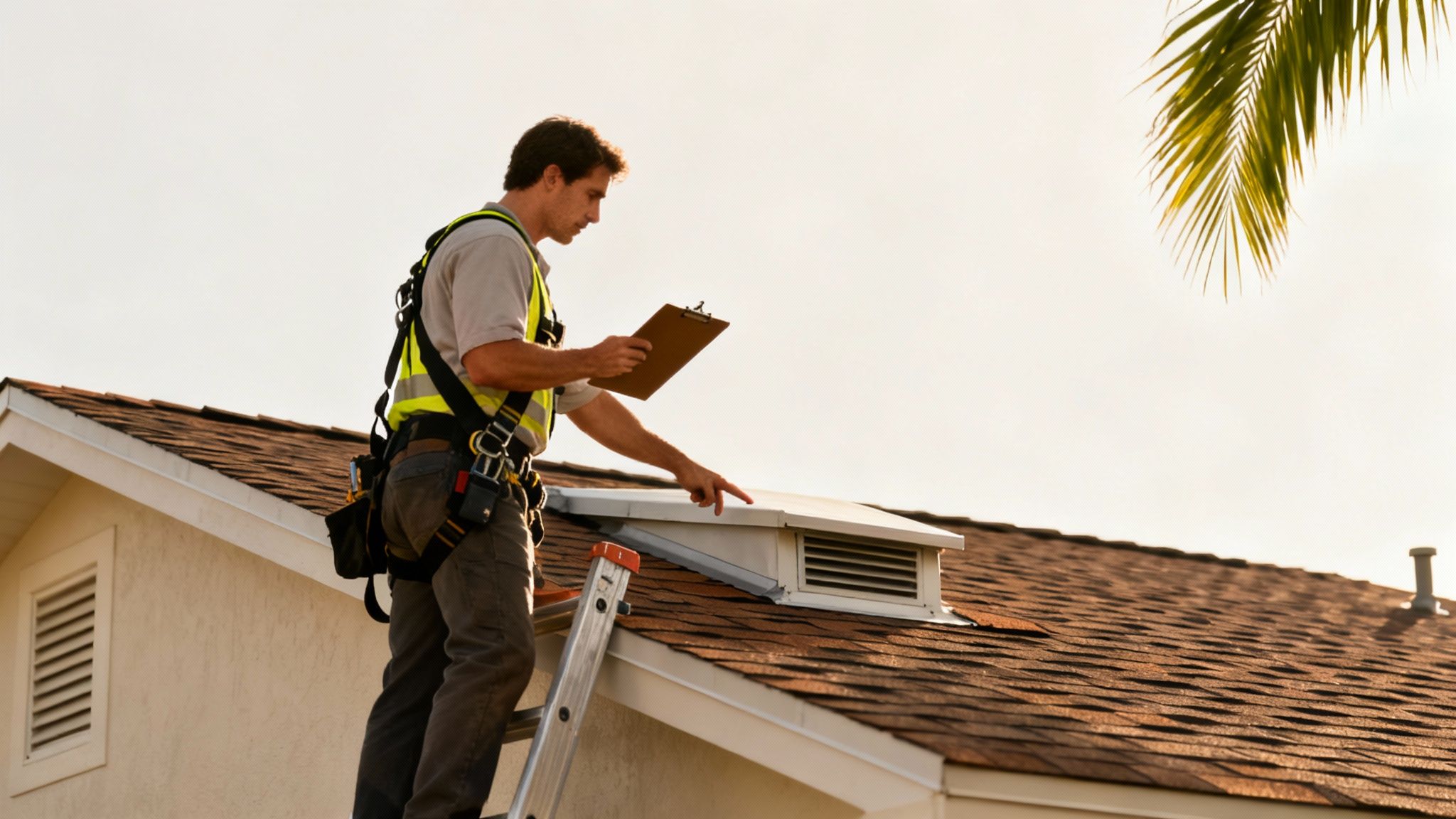 A professional roof inspector on a ladder examining a residential shingle roof and a vent.