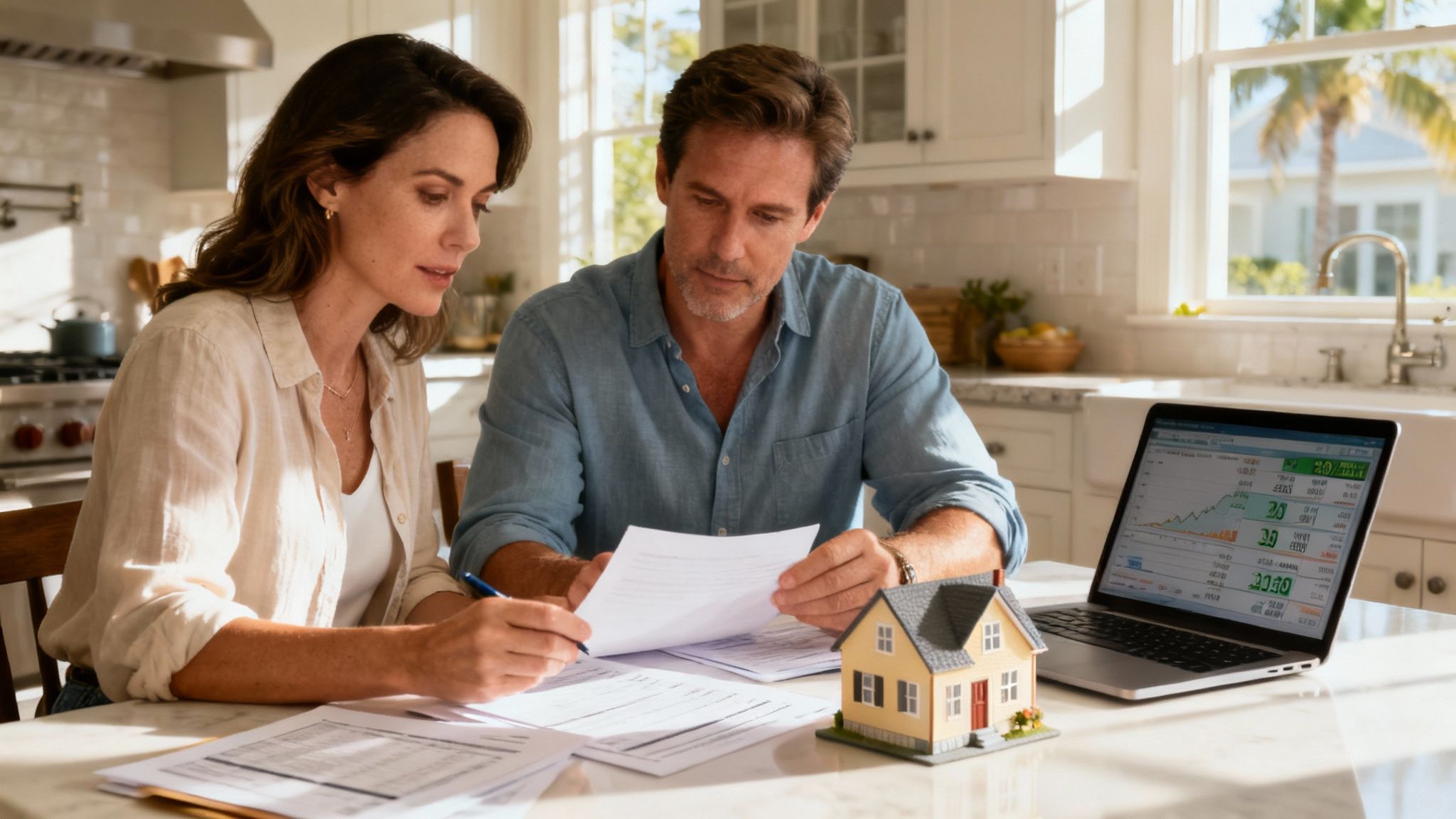 A happy couple reviewing mortgage documents in their modern kitchen.